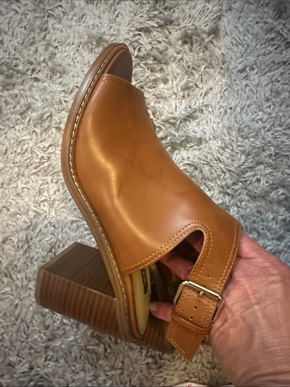 “Edward” Nine West Tan Leather Peep-Toe 3 inch Block Heel.